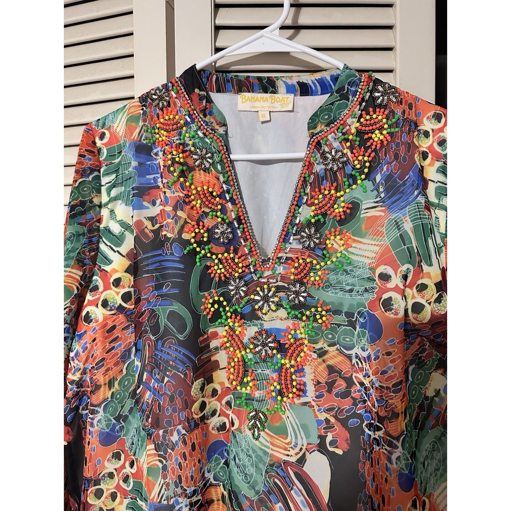 Banana Boat Multicolor Beach Shift‎ Dress Size XL V-neck Above Knee Long Sleeve
